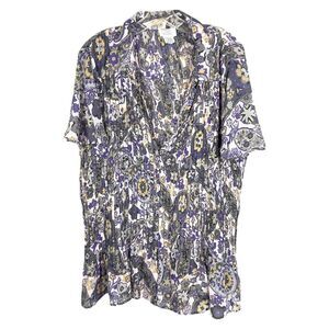 Only Necessities Plus Size 1X Top Purple Gray Floral Pleated Chiffon Fitted 1031